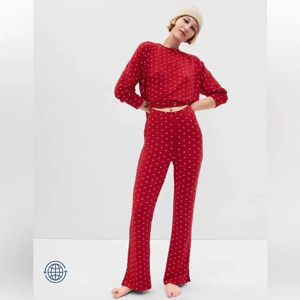 NWT New GAP BODY Modal Supersoft Split Flare Leg Pants Red White Heart Print S
